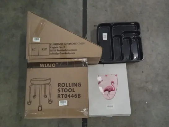 PALLET OF ASSORTED ITEMS INCLUDING WIAIO ROLLING STOOL, OHOK PINK FLAMINGO TOILET SEAT, CUTLERY DRAW ORGANISER, GANZTON SLEDGE TOBOGGAN 