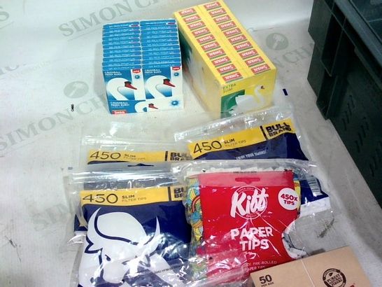 BOX OF A LARGE QUANTITY OF ASSORTED HOUSEHOLD ITEMS TO INCLUDE: ROLLING PAPERS, BAGS OF FILTER TIPS, ROLLING MACHINES