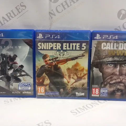 3 ASSORTED PLAYSTATION 4 GAMES TO INCLUDE; CALL OF DUTY WWI, SNIPER ELITE 5 FRANCE AND DESTINY 2