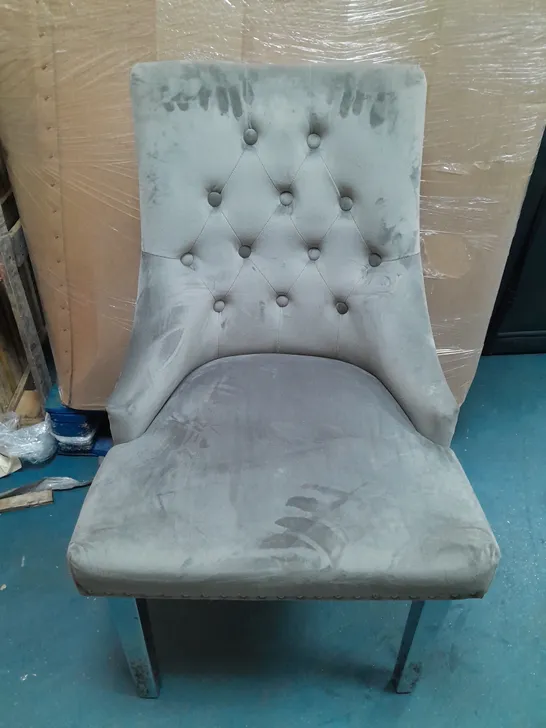 VELVET UPHOLSTERED CHAIR IN GREY - COLLECTION ONLY 