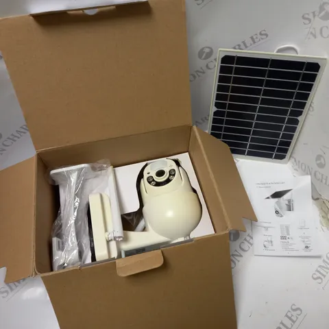 BOXED HD INTELLIGENT SOLAR ENERGY ALERT PTZ CAMERA WITH SOLAR PANEL, FITTINGS, EXTRA POWER CABLE AND USER MANUAL 