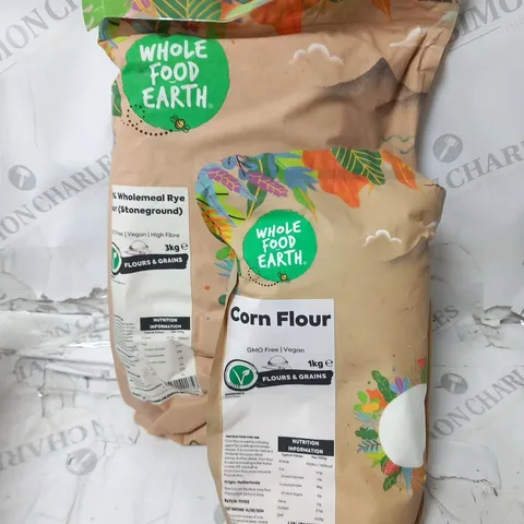 TWO BAGS OF WHOLE FOOD EARTH TO INCLUDE; CORN FLOUR GMO FREE/VEGAN 1KG AND 100% WHOLEMEAL RYE FLOUR(STONEGROUND) GMO FREE/VEGAN 3KG