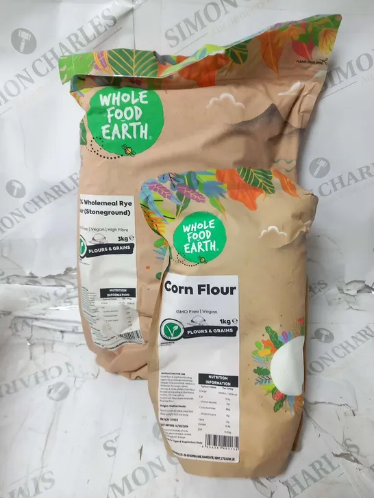 TWO BAGS OF WHOLE FOOD EARTH TO INCLUDE; CORN FLOUR GMO FREE/VEGAN 1KG AND 100% WHOLEMEAL RYE FLOUR(STONEGROUND) GMO FREE/VEGAN 3KG