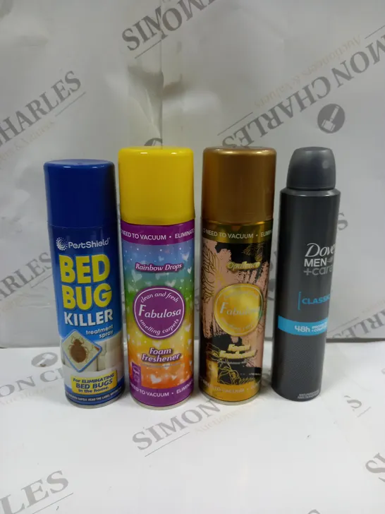 BOX OF APPROX 15 ASSORTED AEROSOLS TO INCLUDE BED BUD KILLER, DOVE MEN DEODERANT, OPULENCE FOAM FRESHER ETC - COLLECTION ONLY