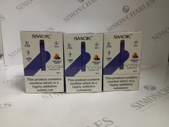 3 X BOXED & SEALED (10 DISPOSABLES PER BOX) SMOK DISPOSABLE VAPES - MANGO BLACKCURRANT 