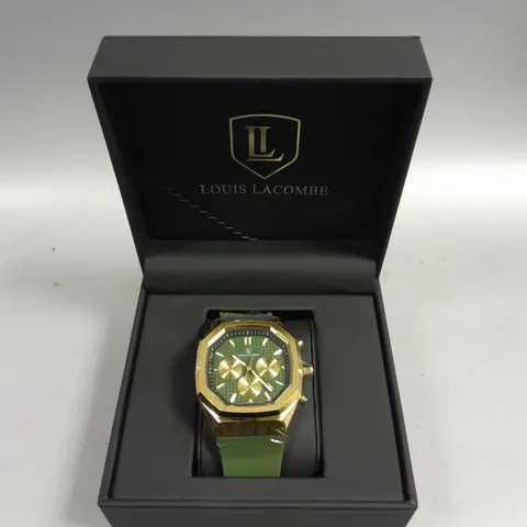 MENS LOUIS LACOMBE CHRONGRAPH WATCH – 3 SUB DIALS – GOLD COLOUR CASE – GREEN RUBBER STRAP