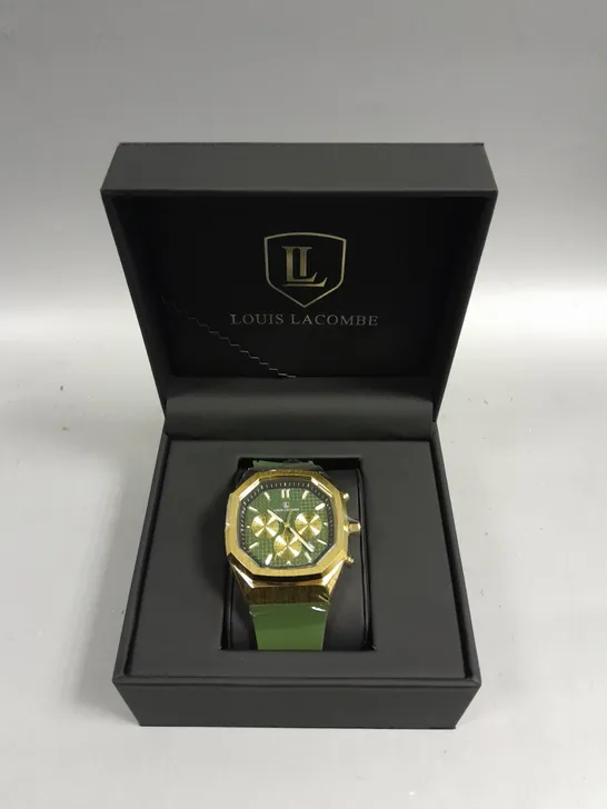 MENS LOUIS LACOMBE CHRONGRAPH WATCH – 3 SUB DIALS – GOLD COLOUR CASE – GREEN RUBBER STRAP