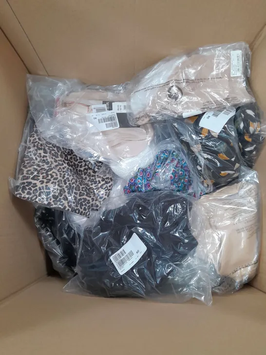 BOX OF APPROXIMATELY 15 ASSORTED CLOTHING ITEMS IN VARIOUS STYLES, COLOURS AND SIZES TO INCLUDE BAG, SOCKS, JUMPERS ETC