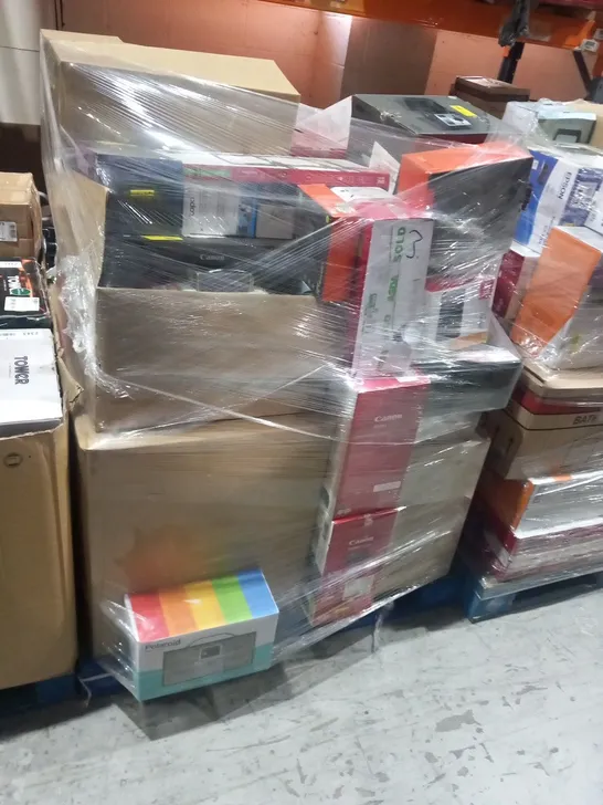 PALLET OF ASSORTED ELECTRICAL PRODUCTS AND ACCESSORIES TO INCLUDE; ONE FOR ALL UNIVERSAL WALL MOUNT, CANON PIXMA TS3350, BLACKWEB UNIVERSAL LAPTOP CHARGER AND POLAROID BLUETOTH DAB