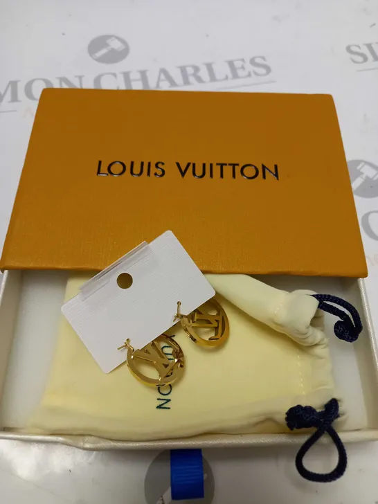 BOXED LOUIS VUITTON STAINLESS STEEL HOOP BRANDED EARRINGS WITH LV LOGO 