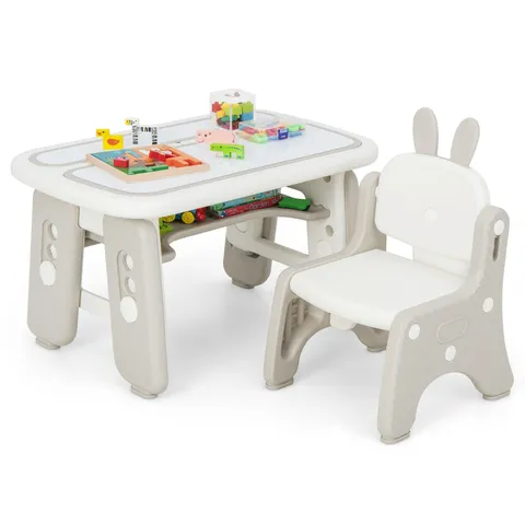 BOXED COSTWAY KIDS TABLE AND CHAIR SET ART TABLE AND CHAIR FOR TODDLERS WITH FOLD-OUT BOOKSHELF - GREY