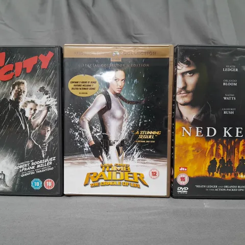 BOX OF APPROXIMATELY 30 DVDS TO INCLUDE SIN CITY, TOMB RAIDER, NED KELLY, ETC