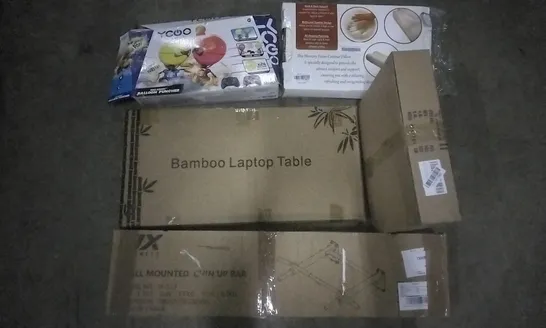 PALLET OF ASSORTED ITEMS INCLUDING BAMBOO LAPTOP TABLE, WALL MOUNTED CHIN UP BAR, MODERN LED RESTAURANT LIGHT, MEMORY FOAM CONTOUR PILLOW, YCOO BALLOON PUNCHER GAME, SMART LED CEILING LIGHT