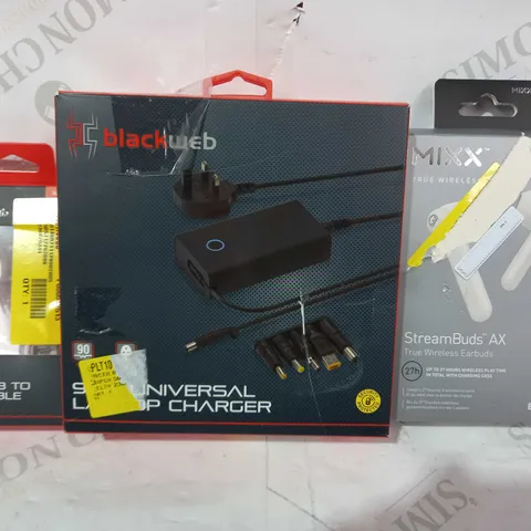 BOX OF APPROXIMATELY 10 ASSORTED ELECTRICAL ITEMS TO INCLUDE MIXX STREAMBUDS AX WIRELESS EARBUDS, BLACKWEB MICRO USB TO USB-A CABLE, BLACKWEB UNIVERSAL LAPTOP CHARGER, ETC