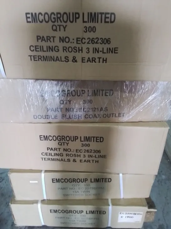 PALLET OF APPROXIMATELY 11 MULTI PACK BOXES OF EMCO TO INCLUDE - 13A TWIN SWITCHED SOCKET SP , CEILING ROSE 3 IN LINE TERMINALS & EARTH - COLLECTION ONLY