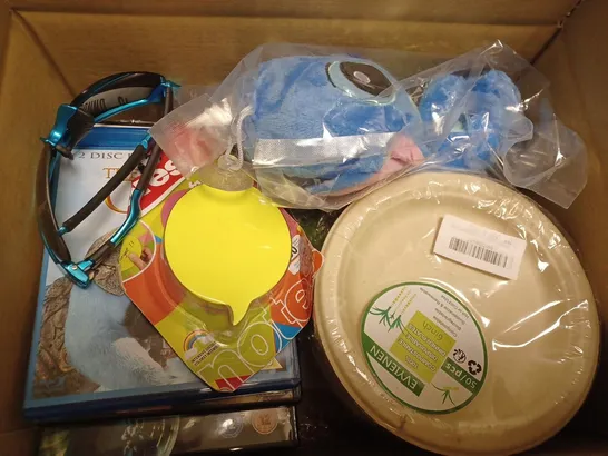 BOX OF APPROXIMATELY 10 ASSORTED ITEMS TO INCLUDE DVD'S, STITCH TOY, SUNGLASSES ETC