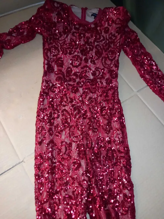 DESIGNER NUDE/RED SEQUIN DETAILED FLARED JUMPSUIT - SMALL