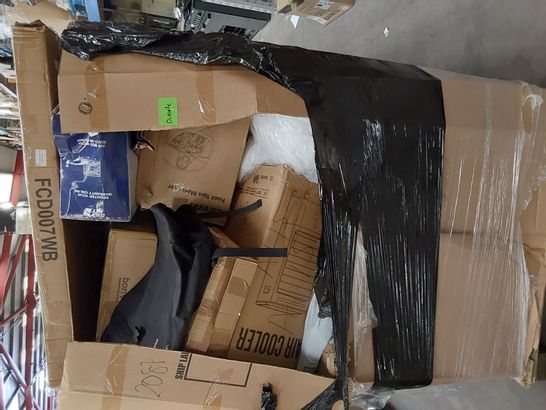 PALLET OF ASSORTED ITEMS INCLUDING, AIR BED, FOOT SPA, AIR COOLER, BEDDING, JIM BAG, TOILET SEAT.