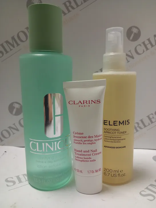 BOX OF 3 ASSORTED BEAUTY PRODUCTS TO INCLUDE CLINIQUE CLARIFYING LOTION, HAND/NAIL TREATMENT, ELEMIS SOOTHING APRICOT TONER