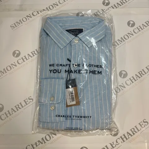 CHARLES TYRWHITT STRIPE CLASSIC FIT PURE LINEN SHIRT IN LIGHT BLUE SIZE L