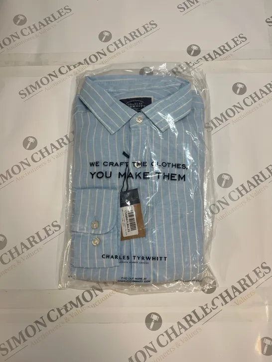 CHARLES TYRWHITT STRIPE CLASSIC FIT PURE LINEN SHIRT IN LIGHT BLUE SIZE L