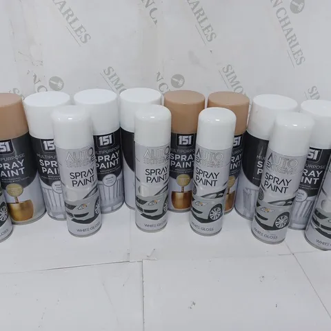 APPROXIMATELY 14 ASSORTED AEROSOLS TO INCLUDE 151 MULTIPURPOSE SPRAY PAINT WHITE MATT FINISH (400ml), AUTO EXTREME SPRAY PAINT WHITE GLOSS (250ml), 151 MULTIPURPOSE SPRAY PAINT CHAMPAGNE GOLD (400ml) 