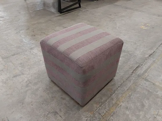 DESIGNER FABRIC UPHOLSTERED SILVER AND PURPLE LINED CUBE FOOTSTOOL