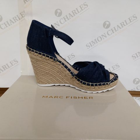 BOXED PAIR OF MARC FISHER WEDGED SANDALS - BLUE SIZE 9