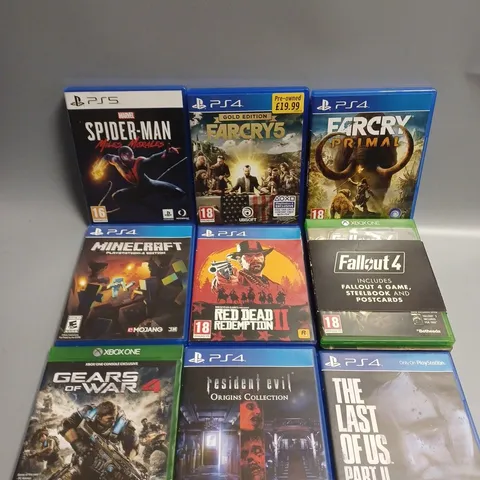9 X ASSORTED VIDEO GAMES TO INCLUDE FAR CRY 5, FALLOUT 4, SPIDER-MAN MILES MORALES ETC 