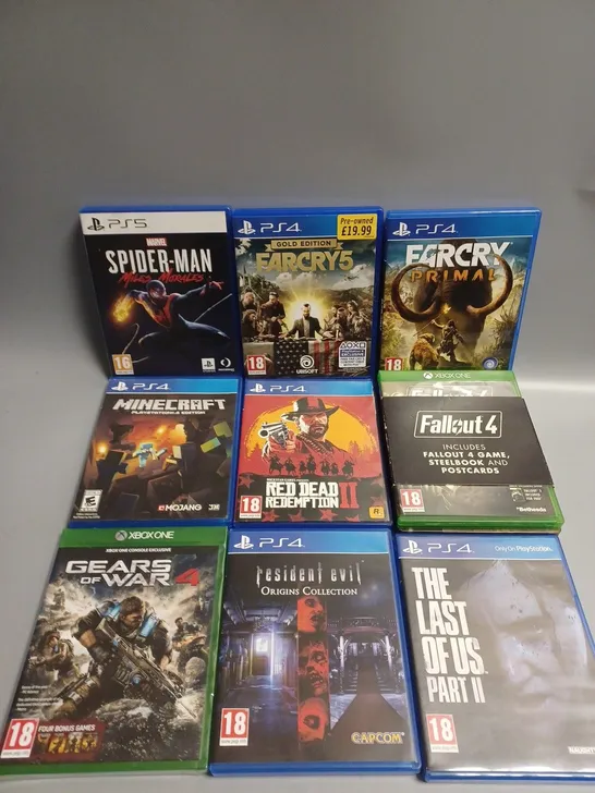 9 X ASSORTED VIDEO GAMES TO INCLUDE FAR CRY 5, FALLOUT 4, SPIDER-MAN MILES MORALES ETC 