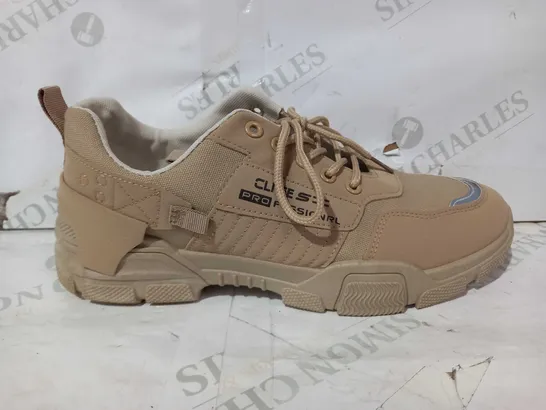 BOXED PAIR OF DESIGNER TRAINERS IN BEIGE/TAN EU SIZE 44