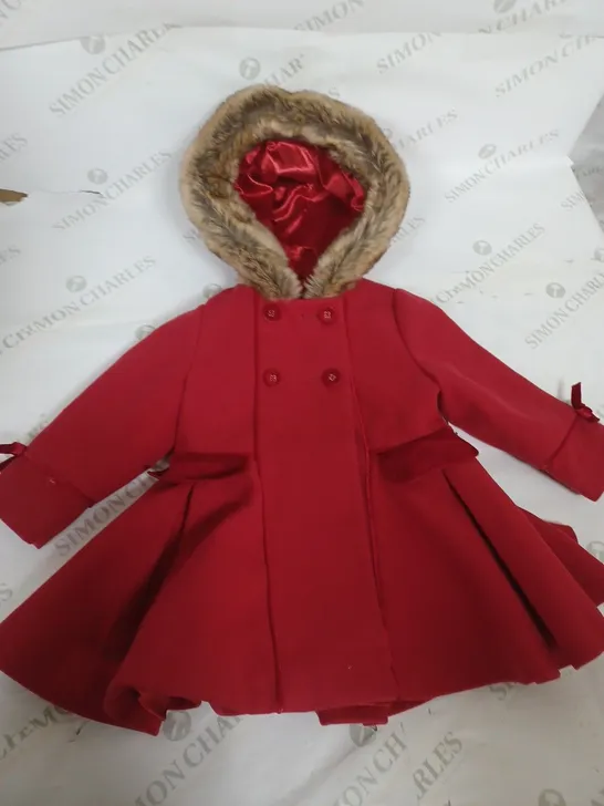 GIRLS 2 BUTTON COAT WITH FAUX FUR HOO SIZE 18-24 MONTHS