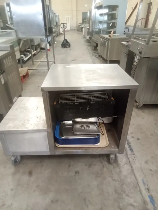 COMMERCIAL FOOD PREP STATION WITH POP UP TABLE AND STORAGE 