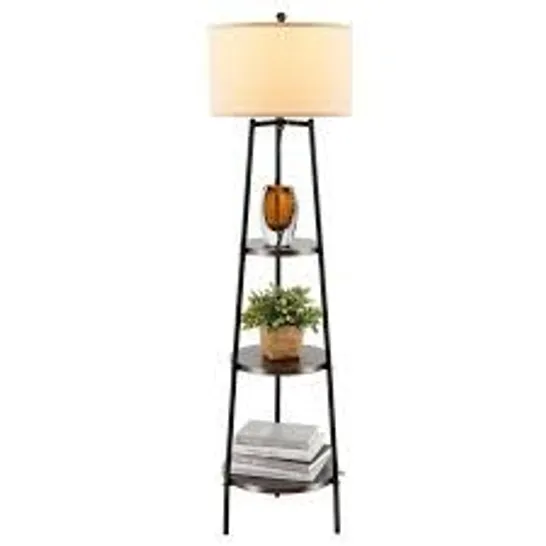 BOXED FLOOR LAMP WITH SHELVES LINEN LAMPSHAD AND CHAIN SWITCH