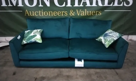 QUALITY BRITISH DESIGNER PASHA 3 SEATER HIGH BACK SOFA - GREEN PLUSH FABRIC