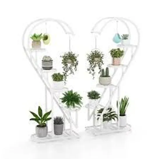 BOXED COSTWAY 5 TIER METAL HEART SHAPED PLANT STAND WITH HANGING HOOKS - WHITE