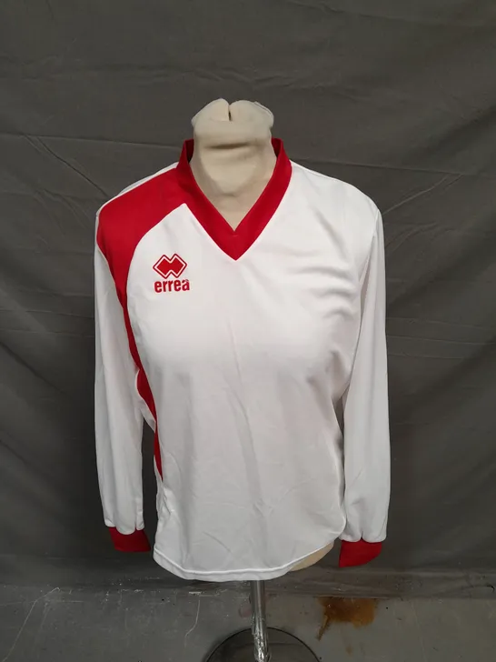 APPROXIMATELY 6 BRAND NEW ERREA WHITE AND RED LONG SLEEVED FOOTBALL SHIRTS - SIZE XS