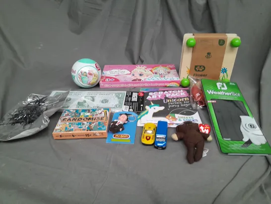 APPROXIMATELY 10 ASSORTED TOYS AND GAMES TO INCLUDE BALLOONS, CARD CAMES AND MR.BEAN