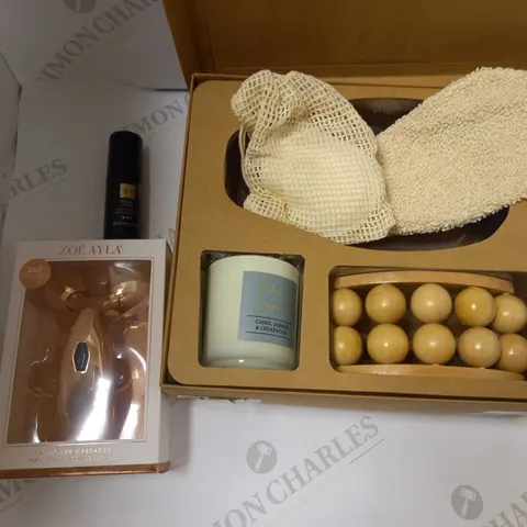 BOX OF APPROX 5 ITEMS TO INCLUDE ZOE AYLA 3D ROLLER MASSAGER GHD DRAMATIC ENDING SERUM, SELF CARE WELLNESS SET