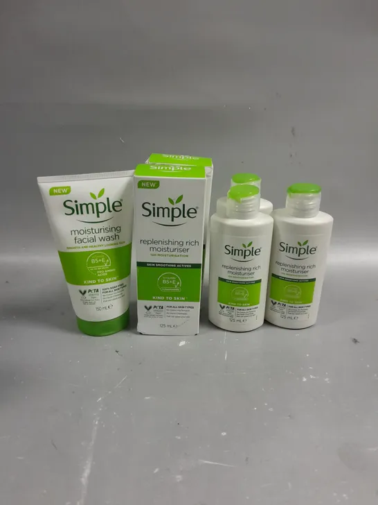 LOT OF APPROX 5 ASSORTED HEALTH AND BEAUTY PRODUCTS TO INCLUDE SIMPLE MOISTURISING FACIAL WASH (150ML) AND SIMPLE REPLENISHING RICH MOISTERISER (125ML)