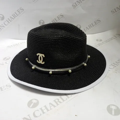 BLACK STRAW HAT WITH CHANEL BADGE