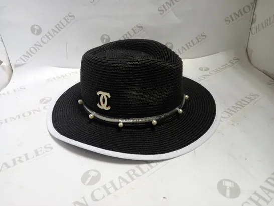 BLACK STRAW HAT WITH CHANEL BADGE