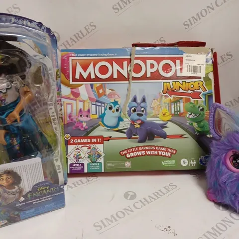 LOT OF 3 ASSORTED TOY ITEMS TO INCLUDE MONOPOLY JUNIOR, ENCANTO DOLL AND FURBY