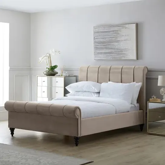 BOXED CLASSIC PLEATED TAUPE 6FT BEDSTEAD (3 BOXES)