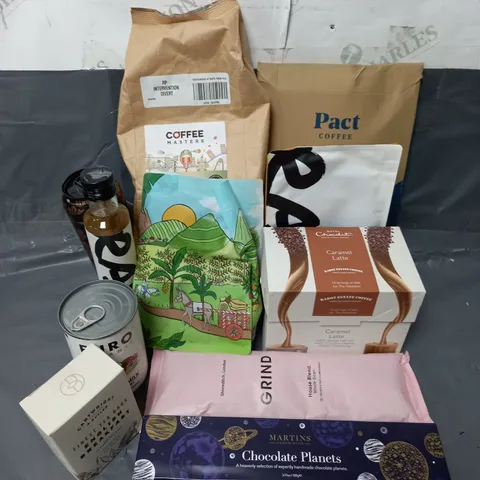 APPROXIMATELY 10 ASSORTED FOOD & DRINK ITEMS TO INCLUDE - HOTEL CHOCOLAT CARAMEL LATTE - CARTWRIGHT ENGLISH BREAKFAST TEA BAGS - RAVE HAZELNUT SYRUP - ETC