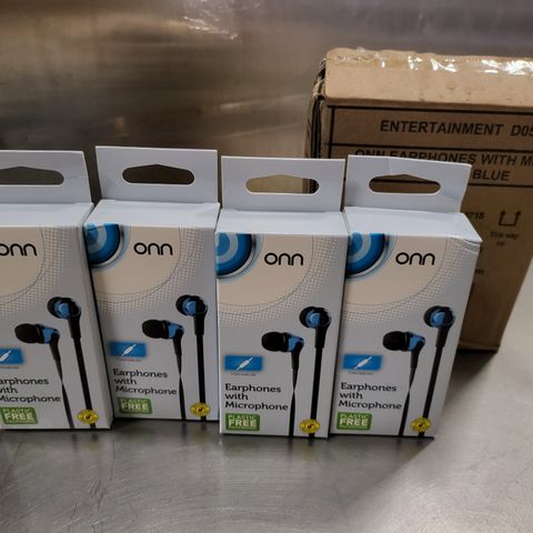 PALLET OF APPROXIMATELY 400 BRAND NEW BOXES OF 4 ONN EARPHONES WITH MIC - METALLIC BLUE