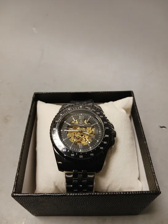 BOXED SAMUEL JOSEPH LTD ED IP SKELETON AUTOMATIC WATCH WITH STAINLESS STEEL BRACELET