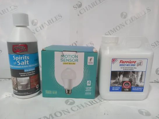 APPROXIMATELY 5 ASSORTED HOUSEHOLD ITEMS TO INCLUDE BIOSECT MITE SPRAY, MOTION SENSOR LIGHT BULBS, SPIRIT OF SALTS, ETC - COLLECTION ONLY