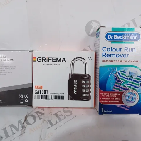 APPROXIMATELY 10 ASSORTED HOUSEHOLD ITEMS TO INCLUDE COLOUR RUN REMOVER, COMBINATION PADLOCK, WINDOW ALERT ALARM, ETC