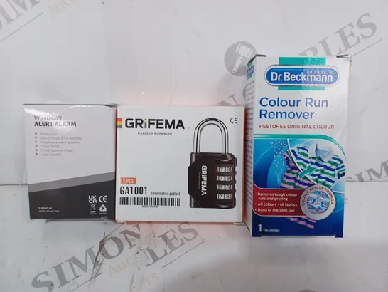 APPROXIMATELY 10 ASSORTED HOUSEHOLD ITEMS TO INCLUDE COLOUR RUN REMOVER, COMBINATION PADLOCK, WINDOW ALERT ALARM, ETC